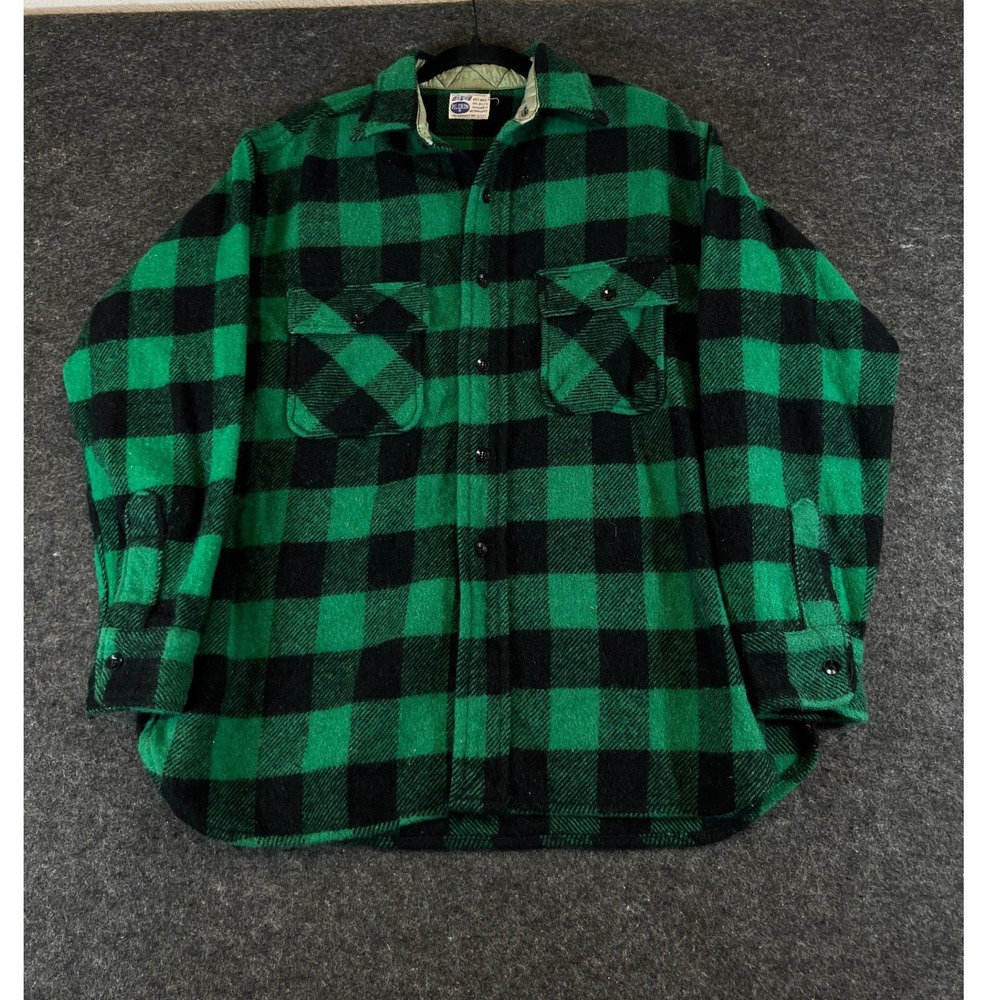 Vintage 50s Sears Pilgrim Green Black Buffalo Shadow Plaid Flannel Shirt Large